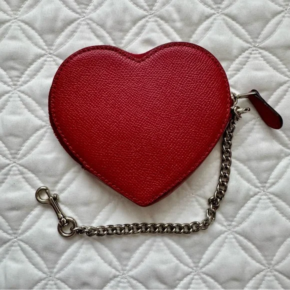 Coach Red Sparkle Glitter Leather Heart Coin Purse Bag Charm Mini Wallet - Picture 6 of 11